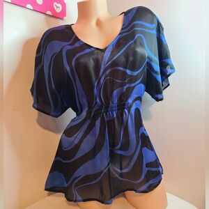 Y2K Express 100% Silk Blouse Size Sm Black Blue Swirl